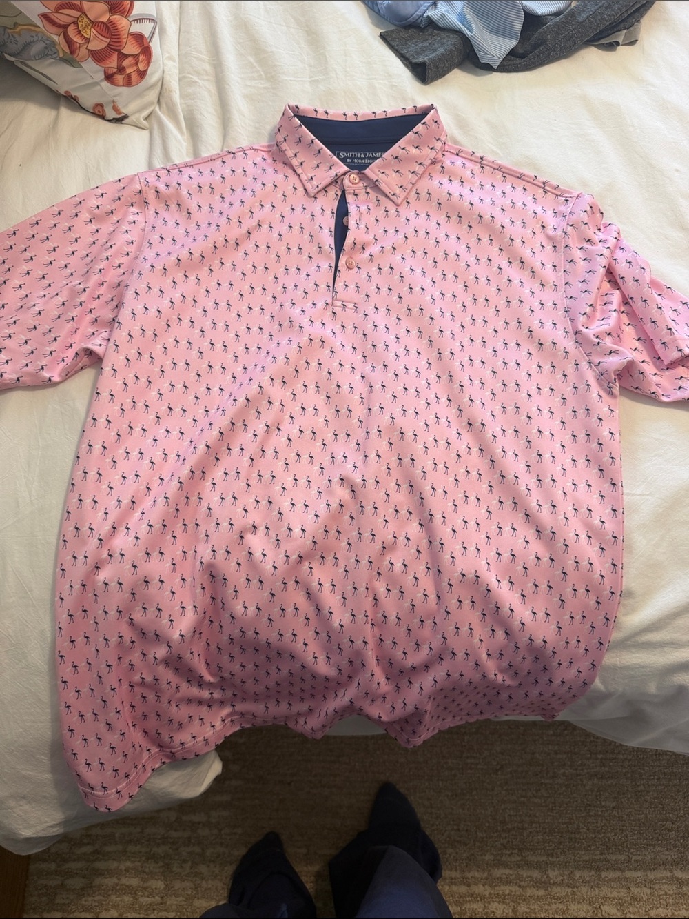 Southern Tide Pink Short-Sleeve Button-Down Polo with Navy Micro Print